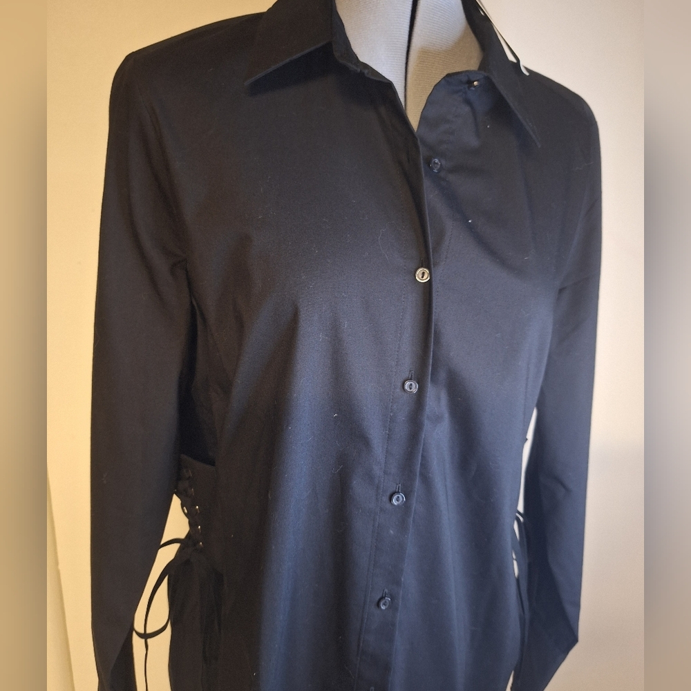 NWT Project RUNWAY Black Button Down Shirt With Lace Up Decor On Side Size Large